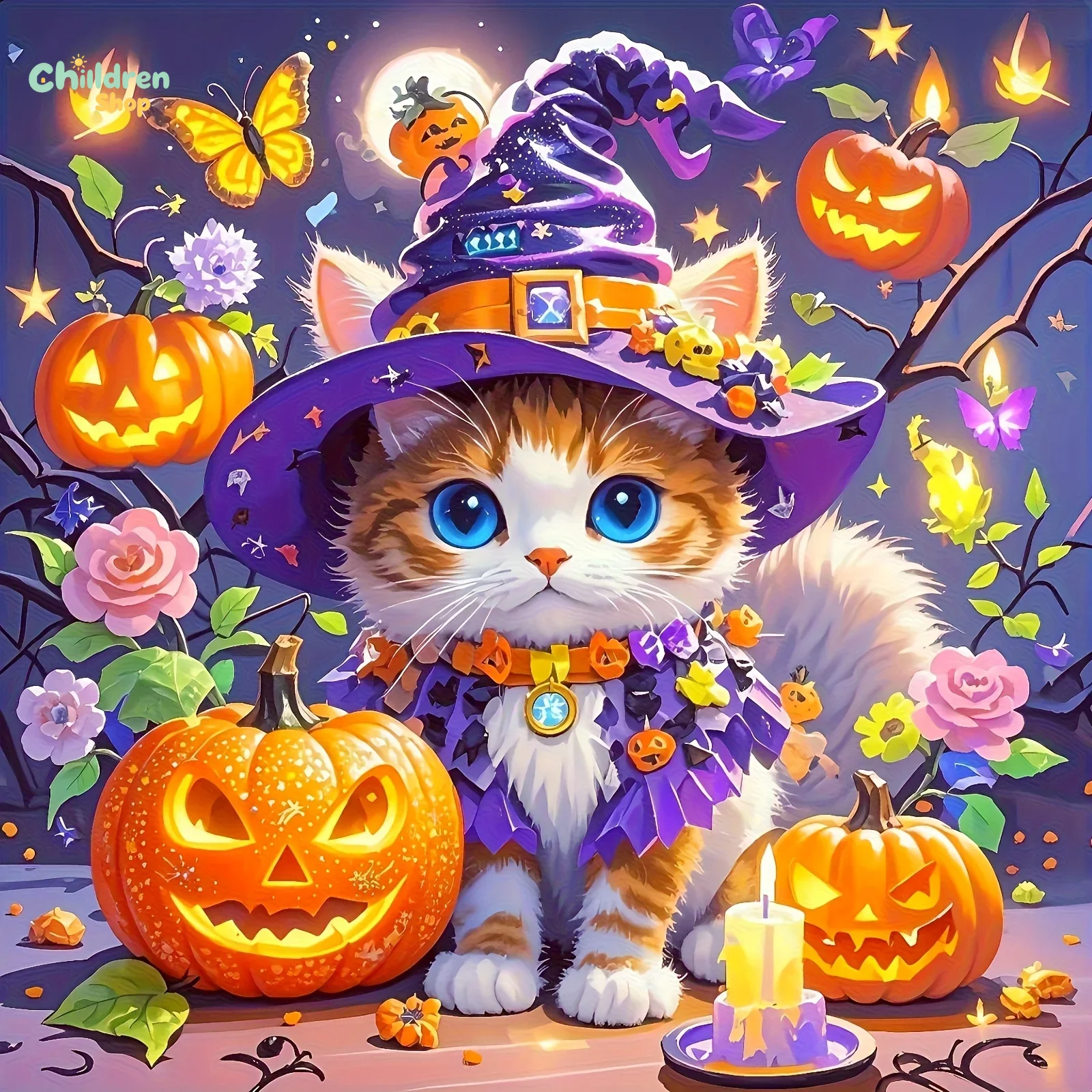 ハロウィーンの魔法使い猫のダイヤモンドペイントキット。正方形 - Resin Art Work のレビューと価格